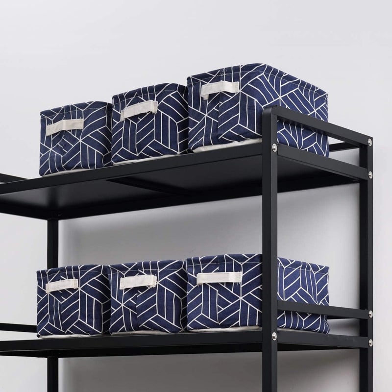 Crowned 6 Pcs Storage Basket Foldable Cube Fabric Bins Square Mini Box Receive Organizer Rectangle Canvas with Handles for Home Office Books Small 11x8x6.3 inch Navy - Image 5