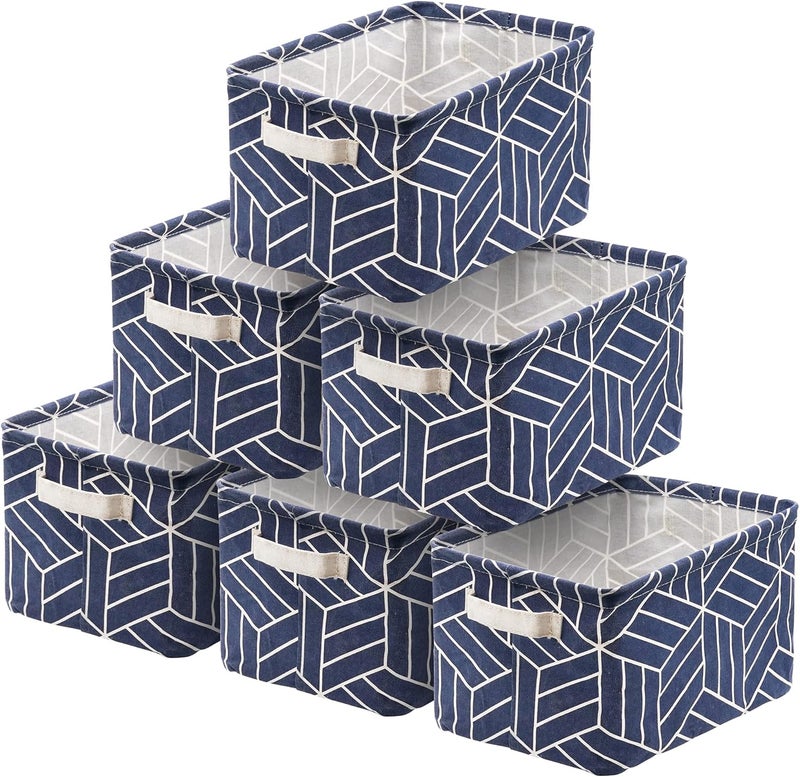 Crowned 6 Pcs Storage Basket Foldable Cube Fabric Bins Square Mini Box Receive Organizer Rectangle Canvas with Handles for Home Office Books Small 11x8x6.3 inch Navy - Image 1