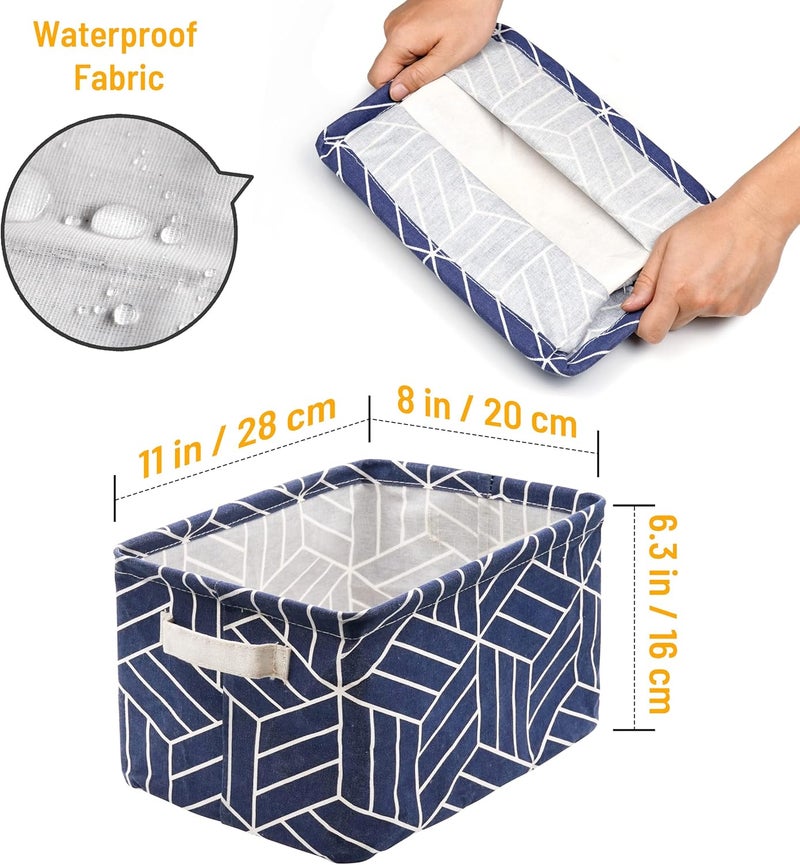 Crowned 6 Pcs Storage Basket Foldable Cube Fabric Bins Square Mini Box Receive Organizer Rectangle Canvas with Handles for Home Office Books Small 11x8x6.3 inch Navy - Image 2