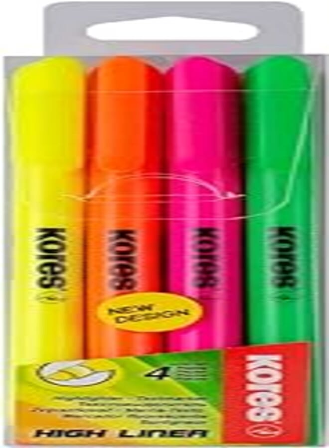 Kores High Liner Fine Highlighter Pens, Chisel Tip, Assorted Colours (Set of 4)