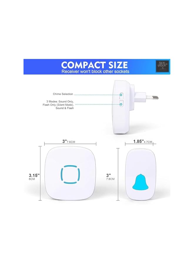 promass Wireless Doorbell, Waterproof Wireless Doorbell Kit With 36 Bells And Adjustable Volume; With Sound And Led Home Door Bell Chime (1 Receiver And 1 Pressure Button) - Image 2