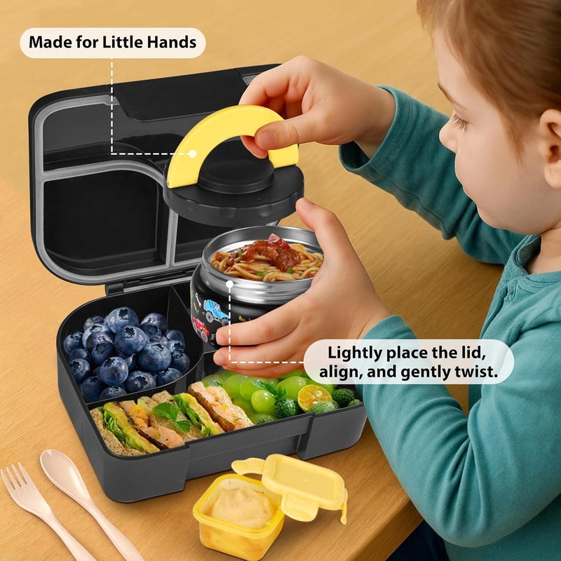 TinyPalsa Bento Box for Kids with 10oz Thermos, Durable Lunch Box with Leak Proof Insulated Food Jar, 3 Compartments with Portable Handle for Ages 3+, Dishwasher Safe, Ideal for School, Travel (Car) - Image 3