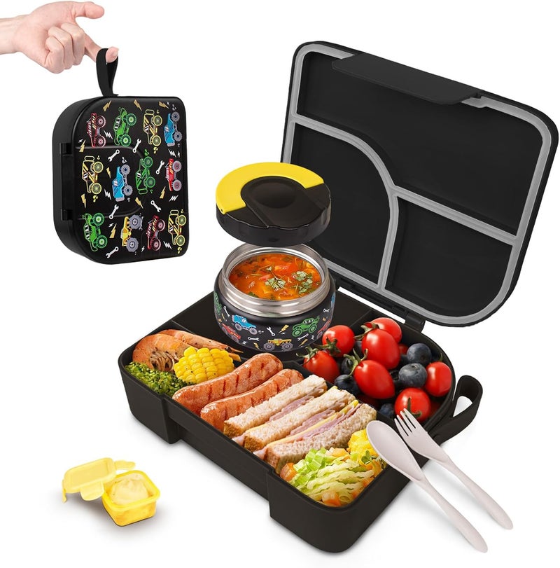 TinyPalsa Bento Box for Kids with 10oz Thermos, Durable Lunch Box with Leak Proof Insulated Food Jar, 3 Compartments with Portable Handle for Ages 3+, Dishwasher Safe, Ideal for School, Travel (Car) - Image 1