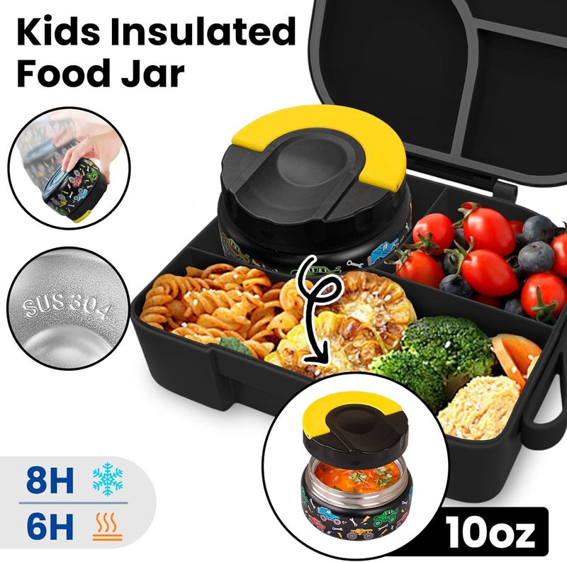 TinyPalsa Bento Box for Kids with 10oz Thermos, Durable Lunch Box with Leak Proof Insulated Food Jar, 3 Compartments with Portable Handle for Ages 3+, Dishwasher Safe, Ideal for School, Travel (Car) - Image 5