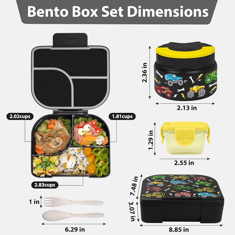 TinyPalsa Bento Box for Kids with 10oz Thermos, Durable Lunch Box with Leak Proof Insulated Food Jar, 3 Compartments with Portable Handle for Ages 3+, Dishwasher Safe, Ideal for School, Travel (Car) - Image 4