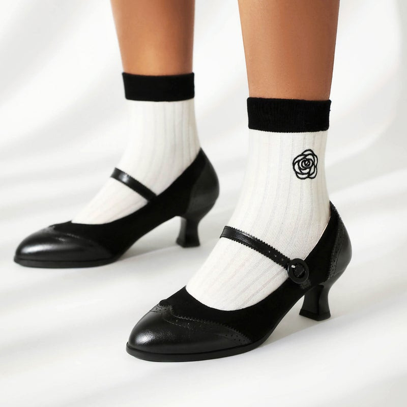 Spring Product Mid-Heel Round Head Burned Flower 40-43 Solid Color Shallow Buckle Ladies' Shoes - Image 4
