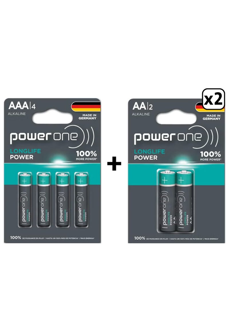 Power One Battery LONGLIFE Power AAA4 100% More Power Battery Long Performing LR03 MN2400 Alkaline Batteries Made in Germany with Long Shelf Life - Pack of 4 & LONGLIFE Power AA2 100% More Power Battery Long Performing LR6 MN1500 Alkaline Batteries Made in Germany with Long Shelf Life - Pack of 2Bundle - Image 1