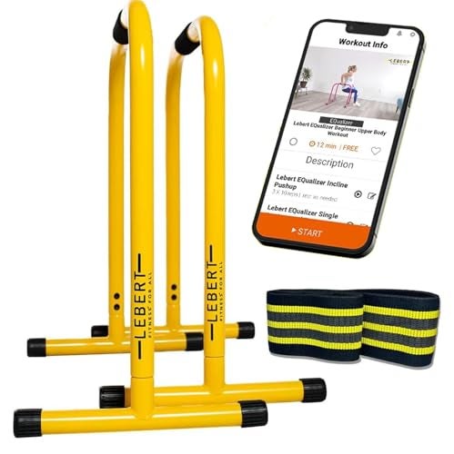 Lebert Fitness Dip Bar Stand - Original EQualizer Total Body Strengthener Pull Up Bar Home Gym Exercise Equipment Dipping Station - Hip Resistance Band, Workout Guide and Online Group - Yellow - Image 1