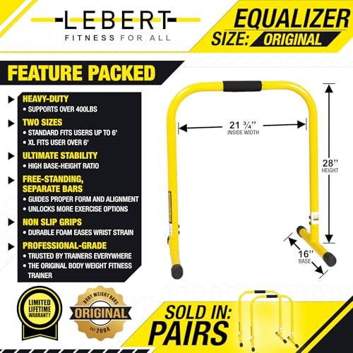 Lebert Fitness Dip Bar Stand - Original EQualizer Total Body Strengthener Pull Up Bar Home Gym Exercise Equipment Dipping Station - Hip Resistance Band, Workout Guide and Online Group - Yellow - Image 3