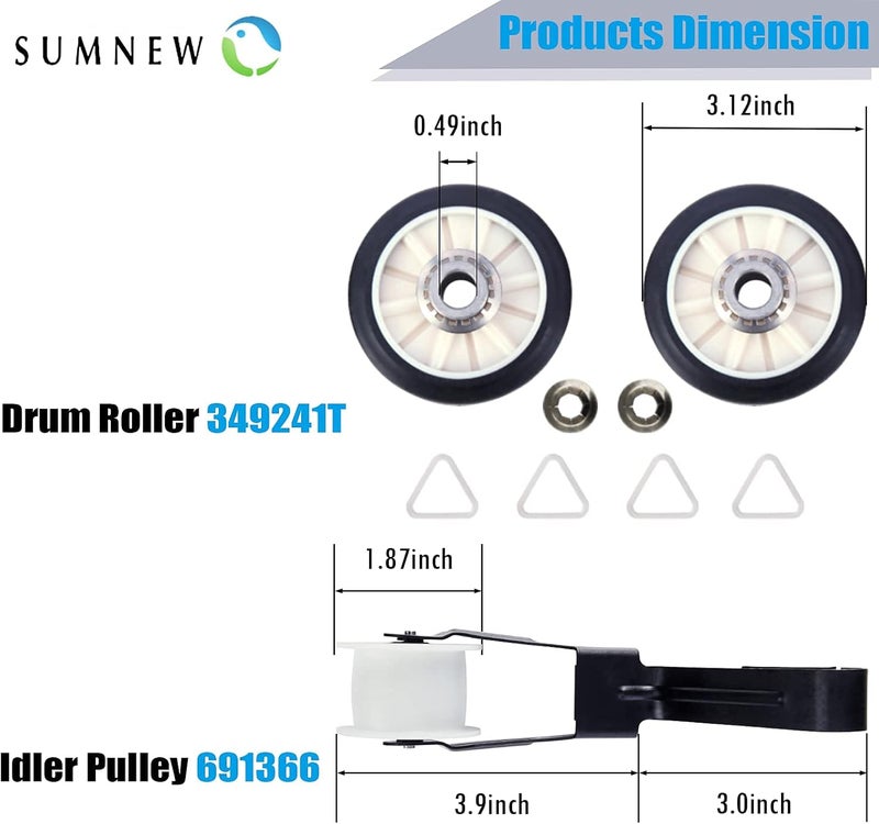 SUMNEW 【Belt Upgraded】4392065 Dryer Repair Kit,Including Rollers 349241t,Idler 691366,Belt 341241,Replacement Parts for whirlpool,kenmore,admiral,amana,crosley,estate,inglis,kitchenaid,roper,maytag - Image 3