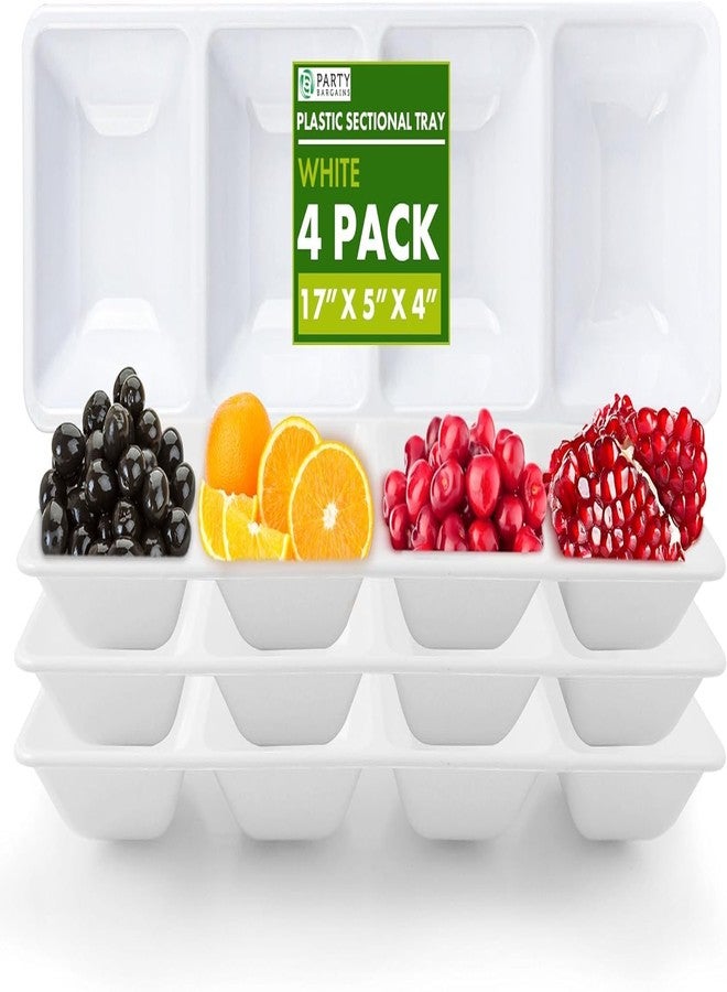 Party Bargains Disposable Sectional Rectangular Serving Tray White [4 Pack] 5 x 16 Inches. 4 Compartments Plastic Serving Tray for Weddings, Buffets, Dinner, Birthday Parties - Image 1