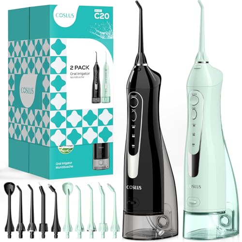COSLUS 2 Pack Cordless Water Flosser with Elegant Packaging for Teeth, Braces, Gums Care - Easy to Use, Rechargeable, Waterproof, Portable for Travel, BPA-Free, Black & Green, C20(F5020E) - Image 1