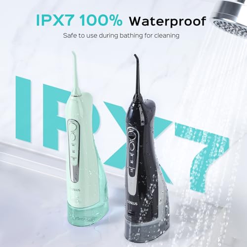 COSLUS 2 Pack Cordless Water Flosser with Elegant Packaging for Teeth, Braces, Gums Care - Easy to Use, Rechargeable, Waterproof, Portable for Travel, BPA-Free, Black & Green, C20(F5020E) - Image 3