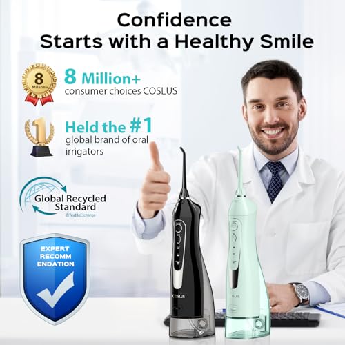 COSLUS 2 Pack Cordless Water Flosser with Elegant Packaging for Teeth, Braces, Gums Care - Easy to Use, Rechargeable, Waterproof, Portable for Travel, BPA-Free, Black & Green, C20(F5020E) - Image 2