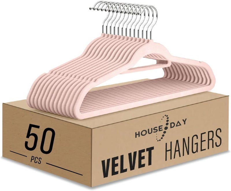 HOUSE DAY Clothes Hangers Pack of 50 Velvet Coat Hangers Non-Slip Space Saving Hangers Adult Hangers L16.8 D1/4" (Pink), One Size - Image 1