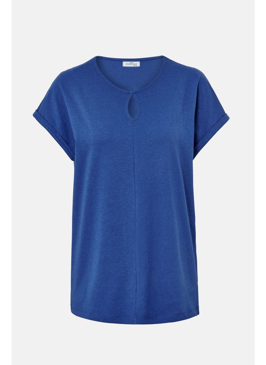 Tchibo Women Keyhole Short Sleeve Plain Top, Blue  - Image 3