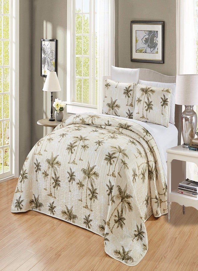 Grand Linen 3-Piece Fine Printed Oversize (100" X 92") Tropical Palm Tree Queen Size Quilt Set Reversible Bedspread Coverlet Bed Cover (Beige, Sage Green, Brown) - Image 2