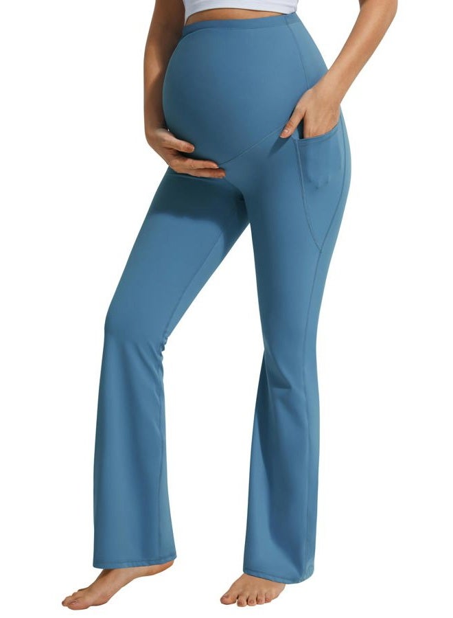 JOYSPELS Maternity Flare Leggings Over The Belly with Pockets – Soft, Comfortable Pregnancy Yoga & Daily & Work Pants, Blue Steel, M - Image 1