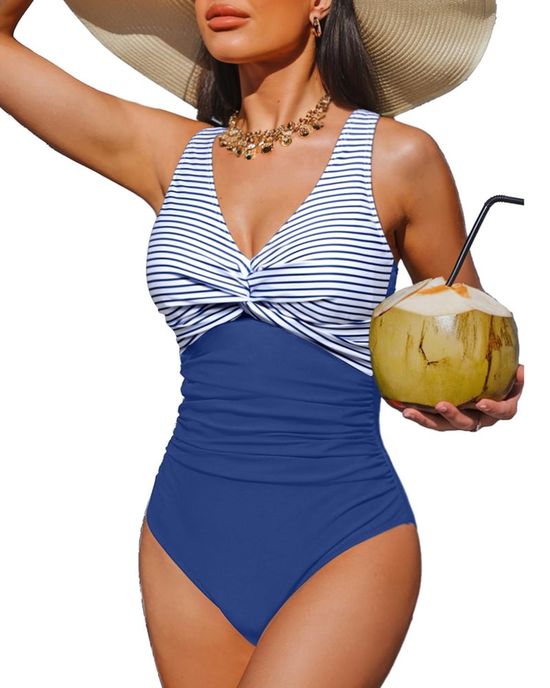 Holipick Blue Striped Women Tummy Control One Piece Swimsuit - Push Up Bathing Suit Full Coverage Slimming Swimwear XL - Image 1