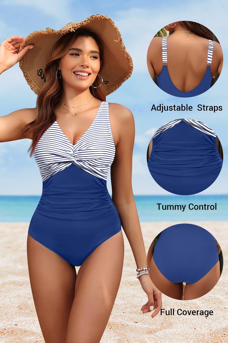 Holipick Blue Striped Women Tummy Control One Piece Swimsuit - Push Up Bathing Suit Full Coverage Slimming Swimwear XL - Image 4