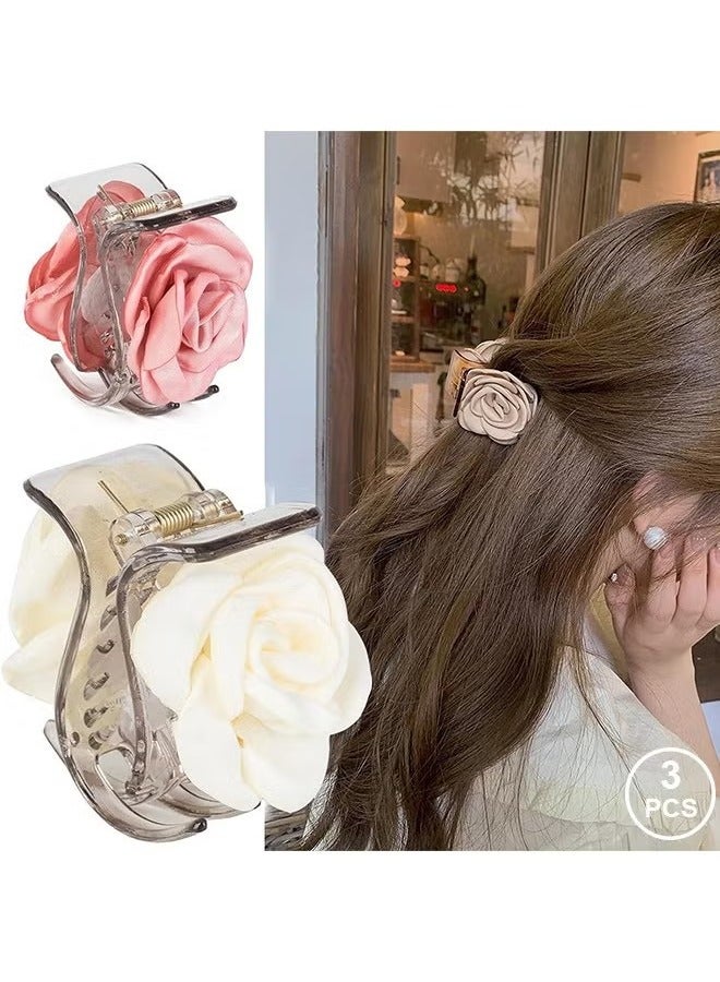 3Pcs Flower Hair Clip Medium, 2 Inch Small Camellia Claw Clips for High Ponytail, Shark Hair Clips Birthday Mother's Day Gift for Girl Friend Thick Thin Long Hair (Pink Red White) - Image 1