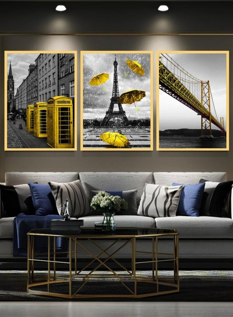 Set of 3 Luxury Wall Art Paintings – Gold Aluminum Frames, Premium Canvas for Living Room, Office & Home Decor