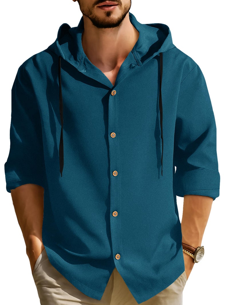 Noble Monk Men's Relax Fit Hooded Shirt || Casual Wear for Men || Full Sleeve Shirts || Stylish Shirt for Men Navy Melange - Image 1