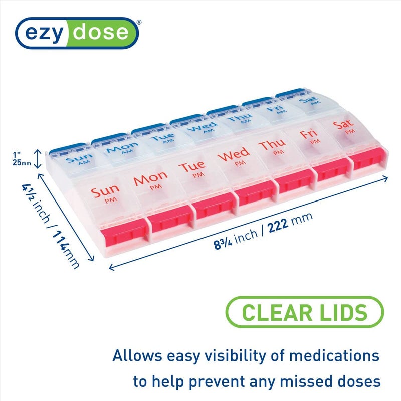 EZY DOSE Push Button (7-Day) Pill Case, Medicine Planner, Daily Vitamin Organizer, 2 Times a Day AM/PM, Large Compartments, Arthritis Friendly, Easy to Use, Clear Lids, Red/Blue, BPA Free - Image 2