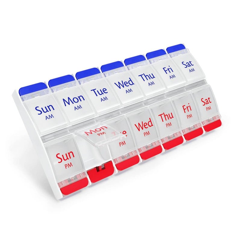 EZY DOSE Push Button (7-Day) Pill Case, Medicine Planner, Daily Vitamin Organizer, 2 Times a Day AM/PM, Large Compartments, Arthritis Friendly, Easy to Use, Clear Lids, Red/Blue, BPA Free - Image 1