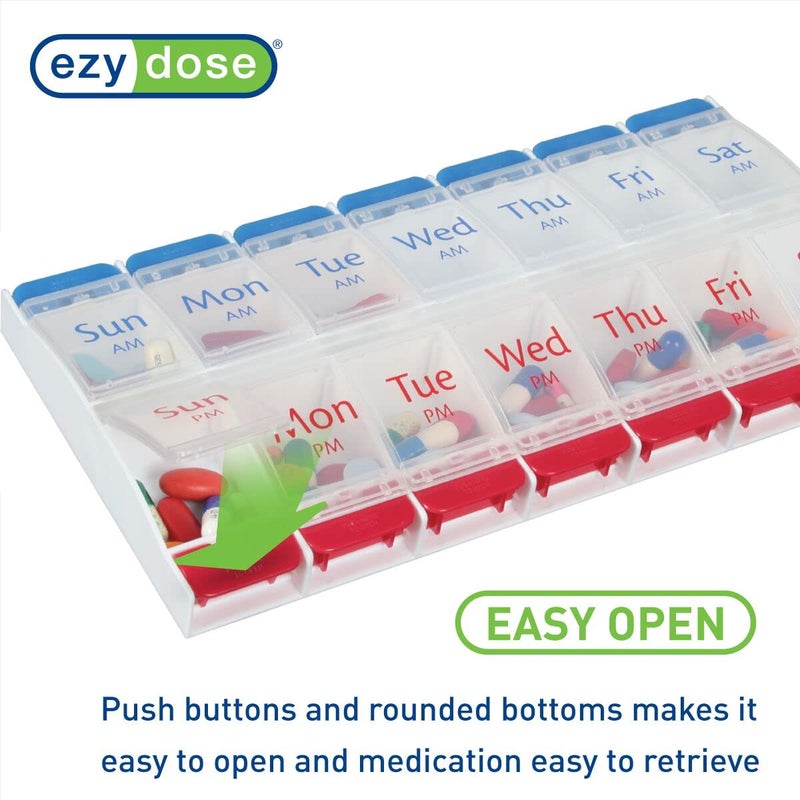 EZY DOSE Push Button (7-Day) Pill Case, Medicine Planner, Daily Vitamin Organizer, 2 Times a Day AM/PM, Large Compartments, Arthritis Friendly, Easy to Use, Clear Lids, Red/Blue, BPA Free - Image 4