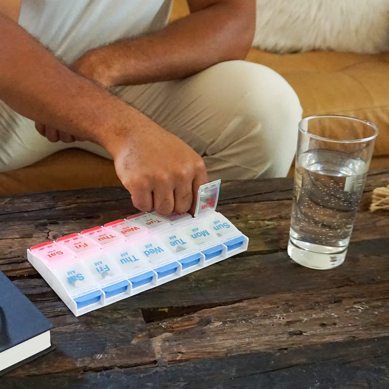 EZY DOSE Push Button (7-Day) Pill Case, Medicine Planner, Daily Vitamin Organizer, 2 Times a Day AM/PM, Large Compartments, Arthritis Friendly, Easy to Use, Clear Lids, Red/Blue, BPA Free - Image 5