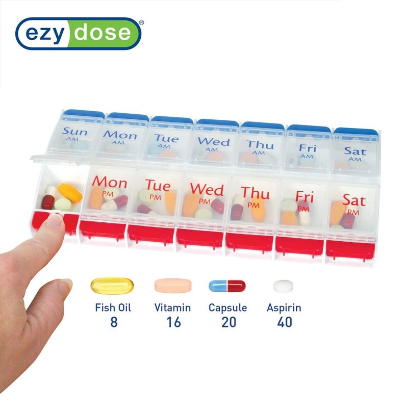 EZY DOSE Push Button (7-Day) Pill Case, Medicine Planner, Daily Vitamin Organizer, 2 Times a Day AM/PM, Large Compartments, Arthritis Friendly, Easy to Use, Clear Lids, Red/Blue, BPA Free - Image 3