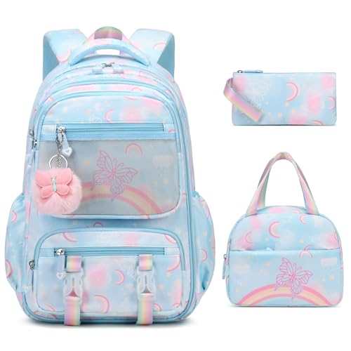 Scothen Backpack for Girls, Rainbow Butterfly Girls Backpacks with Lunch Bag Pencil Case Set, Kids Backpack Kindergarten Elementary Middle School Book Bag for Teen Girl Children Students - Image 1