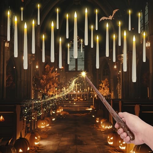Homemory 20PCS Floating Candles with Wand Remote, Magic Hanging Candle with Timer, Flickering Warm Light Floating Candles for Halloween Christmas Birthday Party Decor - Image 1