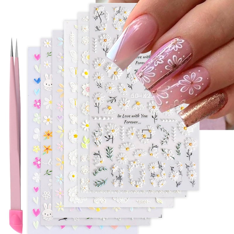 VOTACOS Flower Nail Stickers for Nail Art 6 Sheets 5D Embossed Nails Decals Spring Summer Self-Adhesive Supplies Accessories 3D Flowers Nails Stickers for Women Design Decoration - Image 1