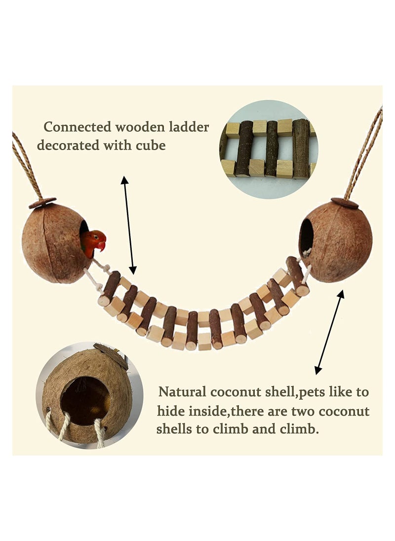 Coconut Bird Nest Hut with Ladder Hanging Birds Hide House Toy for Cage
