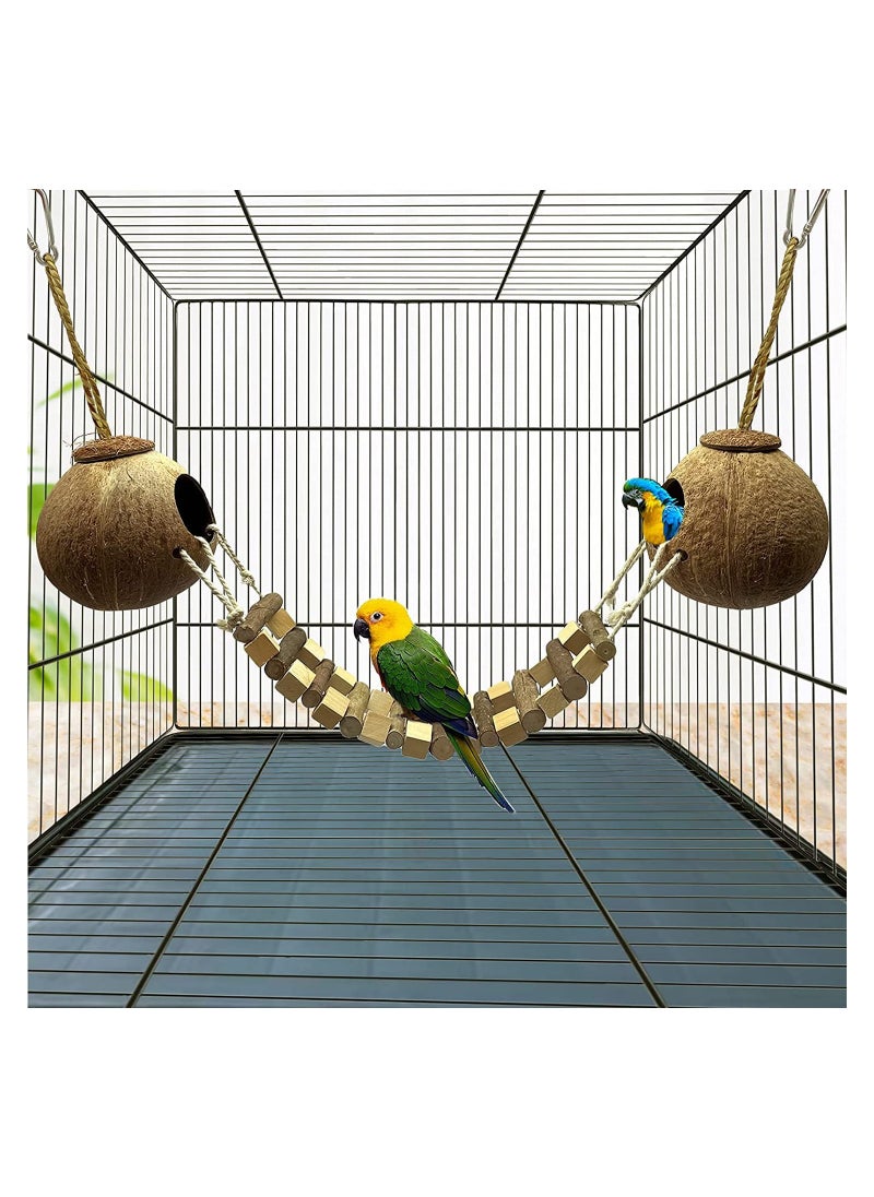 Coconut Bird Nest Hut with Ladder Hanging Birds Hide House Toy for Cage