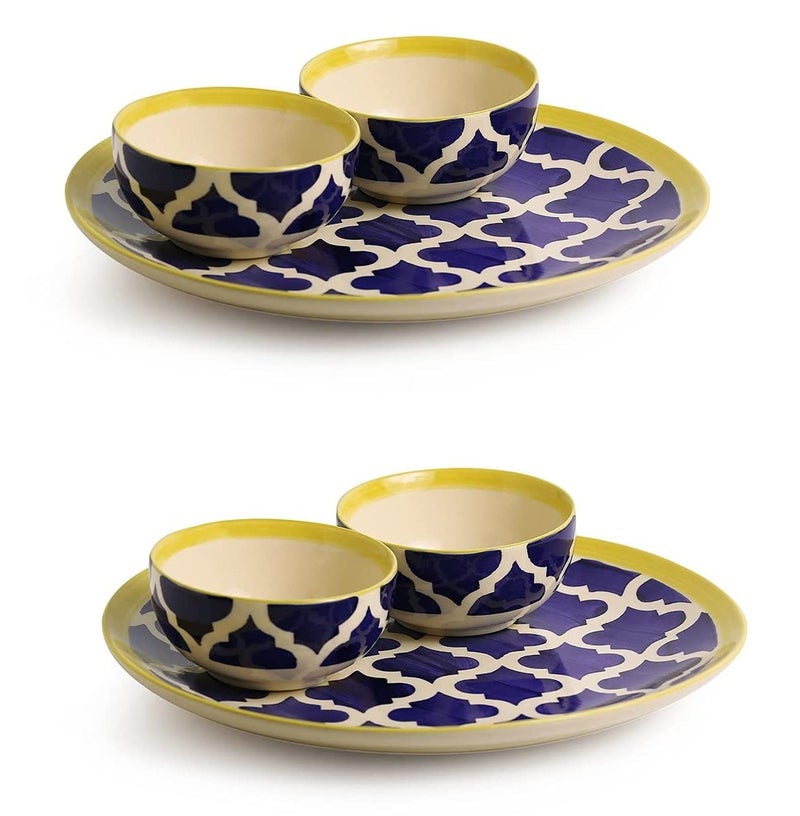 VolCraft Ceramic Dinner Set Dinner Plates with Katoris with Blue Umrao Pattern (6 Pieces, 4 Bowl & 2 Plates, Dishwasher & Microwave Safe) -Dinner Sets Ceramic Bowls Set Dinnerware Sets - Image 1