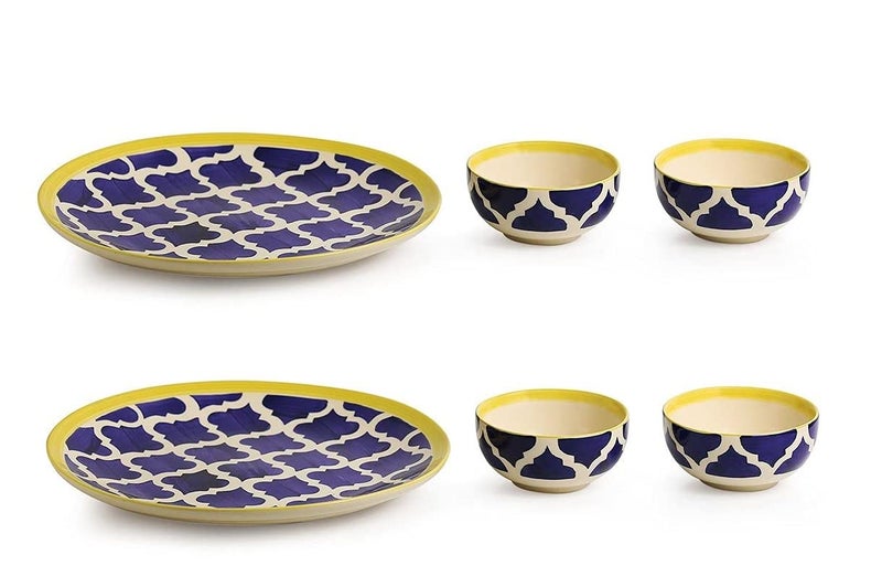 VolCraft Ceramic Dinner Set Dinner Plates with Katoris with Blue Umrao Pattern (6 Pieces, 4 Bowl & 2 Plates, Dishwasher & Microwave Safe) -Dinner Sets Ceramic Bowls Set Dinnerware Sets - Image 3