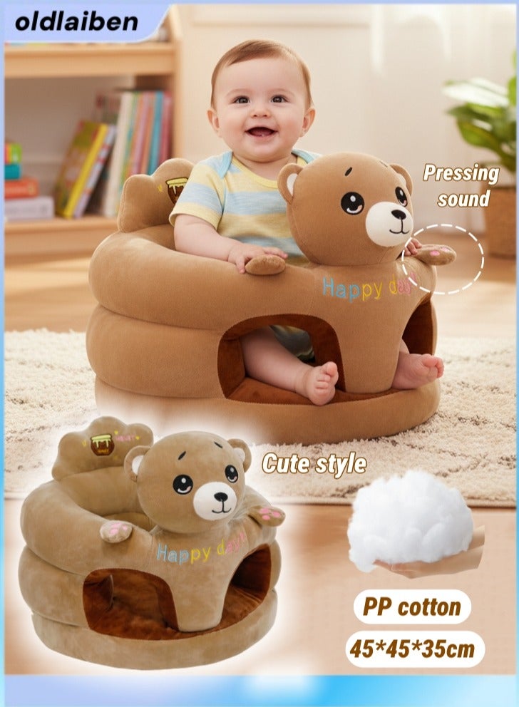 الدليبن مقعد دعم للجلوس للأطفال على شكل أريكة، مقعد أطفال قطيفة لطيف برسومات كرتونية، مقعد تعليمي للأطفال، مقعد أرضي مريح محمول للأطفال، هدية مثالية للأطفال الصغار لتعلم الجلوس (دب) - Image 1