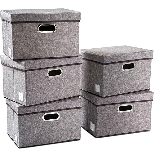 PRANDOM Collapsible Storage Containers with Lids 5Pack Linen Fabric Foldable Storage Bins Boxes Organizer Baskets Cube with Cover for Home Bedroom Closet Office Nursery 149x98x98