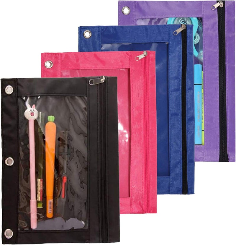 SdeFe Store Zippered Pen Pencil Case Binder Pouch 3 Rings 4 Pack (Multicolor) - Image 1