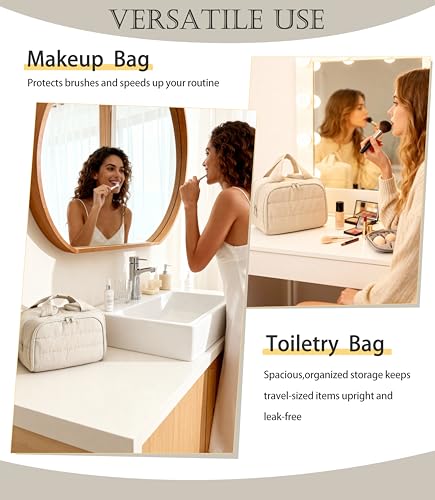 BUZFOWU Travel Toiletry Bag for Women, Large Wide-open Puffy Cosmetic Makeup Bag with Wet-Dry Separation, Multi-Pocket Organizer with Carry Handle for Toiletries, Cosmetics, Essentials, Beige - Image 2