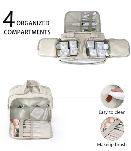BUZFOWU Travel Toiletry Bag for Women, Large Wide-open Puffy Cosmetic Makeup Bag with Wet-Dry Separation, Multi-Pocket Organizer with Carry Handle for Toiletries, Cosmetics, Essentials, Beige - Image 5