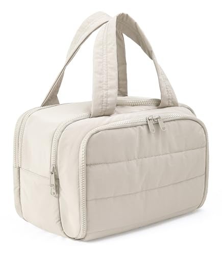 BUZFOWU Travel Toiletry Bag for Women, Large Wide-open Puffy Cosmetic Makeup Bag with Wet-Dry Separation, Multi-Pocket Organizer with Carry Handle for Toiletries, Cosmetics, Essentials, Beige - Image 1