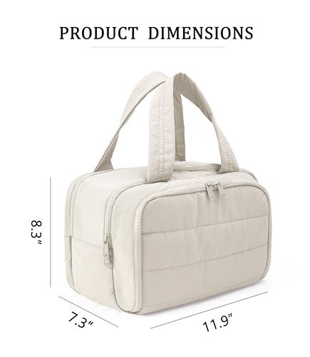 BUZFOWU Travel Toiletry Bag for Women, Large Wide-open Puffy Cosmetic Makeup Bag with Wet-Dry Separation, Multi-Pocket Organizer with Carry Handle for Toiletries, Cosmetics, Essentials, Beige - Image 3