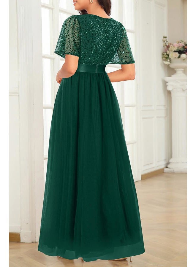 Talisea Formal Dresses for Women Prom Evening Gown Sequin Tulle V Neck Ruffle Short Sleeve Empire Waist A Line Long Dress, Dark Green, L - Image 5