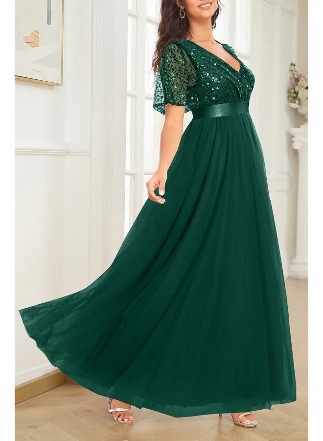 Talisea Formal Dresses for Women Prom Evening Gown Sequin Tulle V Neck Ruffle Short Sleeve Empire Waist A Line Long Dress, Dark Green, L - Image 3