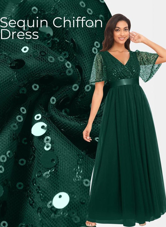 Talisea Formal Dresses for Women Prom Evening Gown Sequin Tulle V Neck Ruffle Short Sleeve Empire Waist A Line Long Dress, Dark Green, L - Image 4