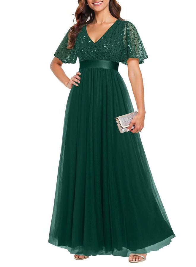 Talisea Formal Dresses for Women Prom Evening Gown Sequin Tulle V Neck Ruffle Short Sleeve Empire Waist A Line Long Dress, Dark Green, L - Image 1